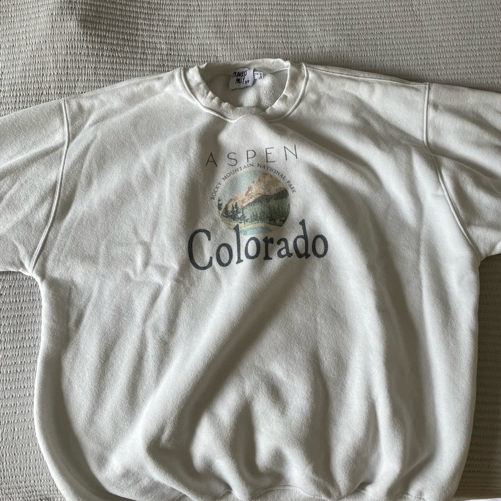 Princess Polly oversized Aspen Colorado Crewneck Sweatshirt (white; US size 8)